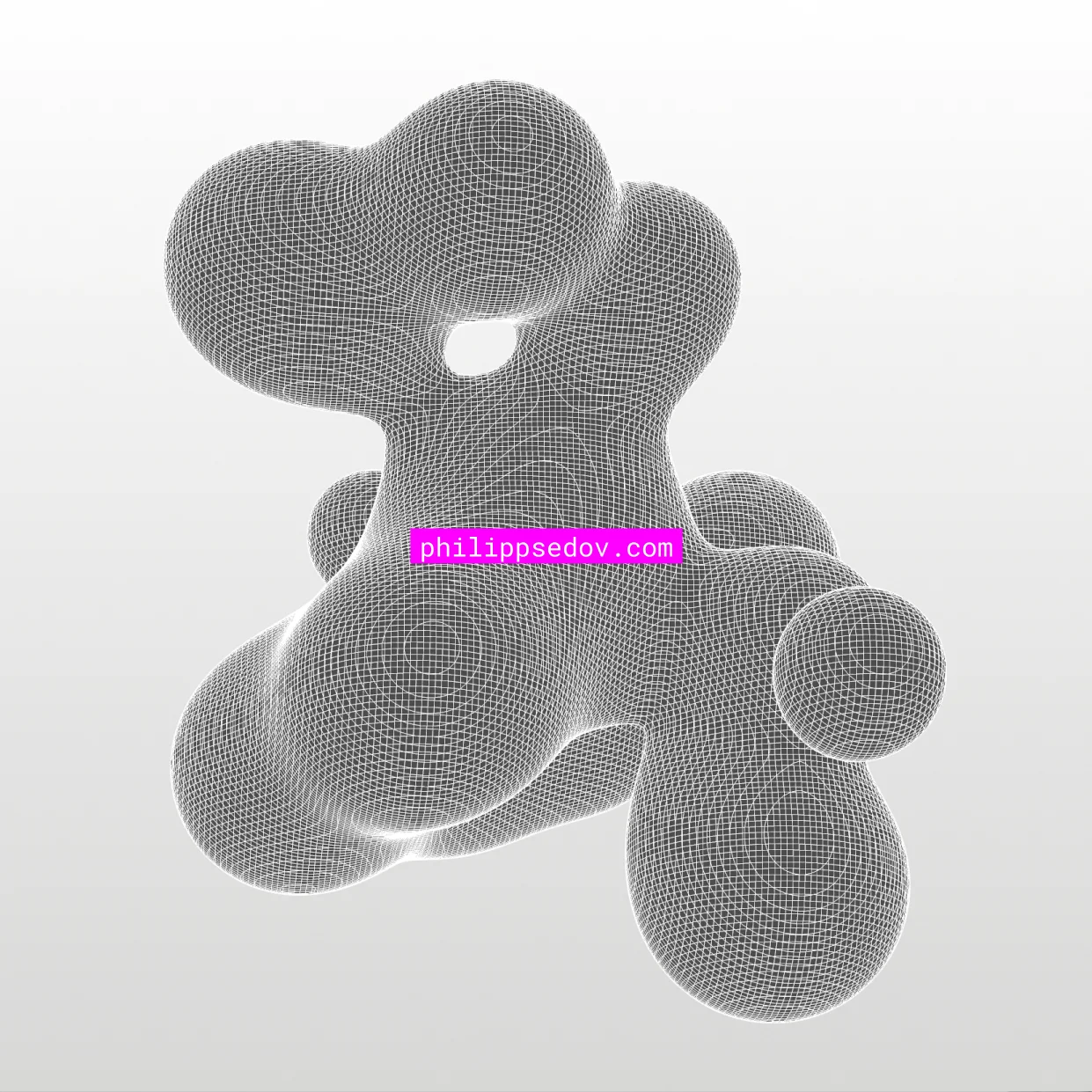 Abstract white 3D wireframe mesh blob with a pink label 'philippsedov.com'