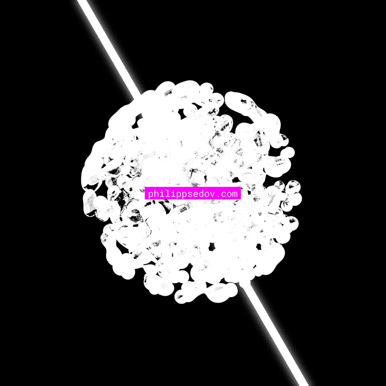 White abstract bubble cluster and diagonal line on a black background with a pink text box reading 'philippsedov.com'