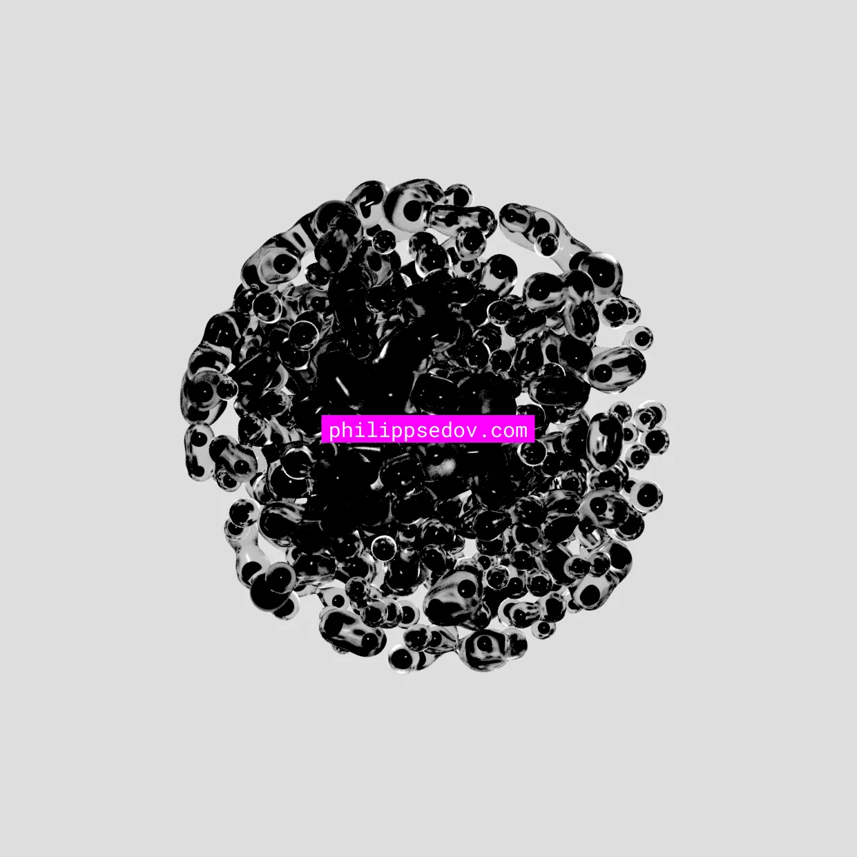 Abstract cluster of glossy black liquid droplets with a bright pink banner in the center 'philippsedov.com'