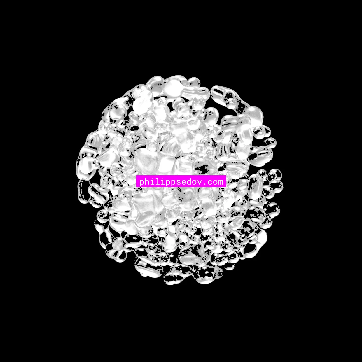 Abstract cluster of translucent liquid bubbles on a black background with a pink label reading 'philippsedov.com' in the center