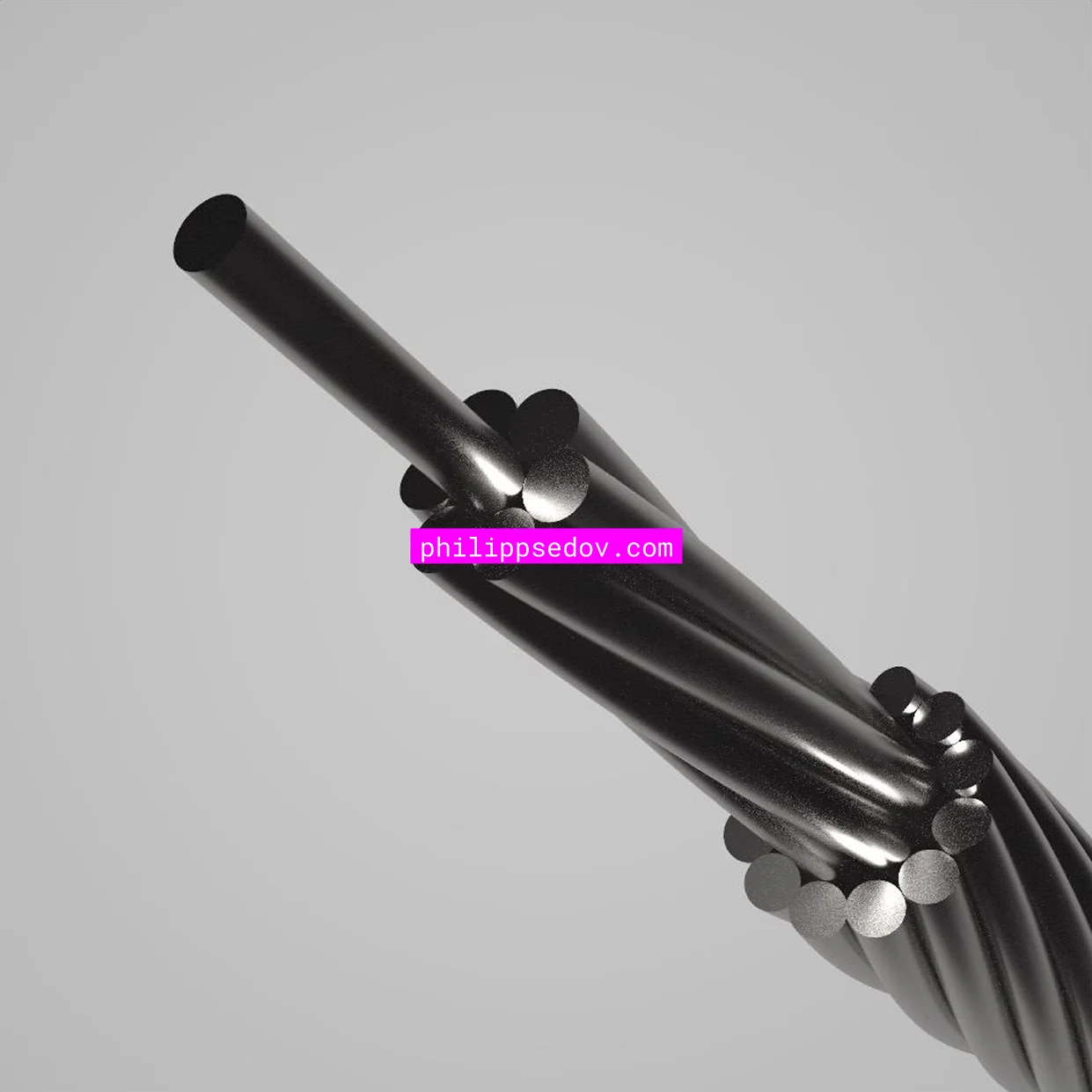Close-up 3D render of a thick, black multi-strand industrial cable 'philippsedov.com'